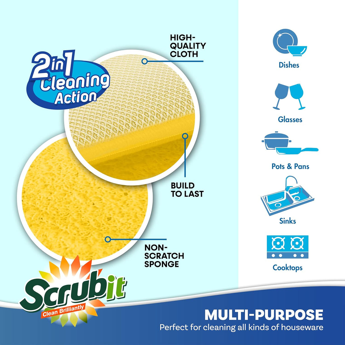 Scrub and Wipe Cleaning Pads [10 Pack] – SCRUBIT Dual Sided Scouring Pad and Sponge - Reusable