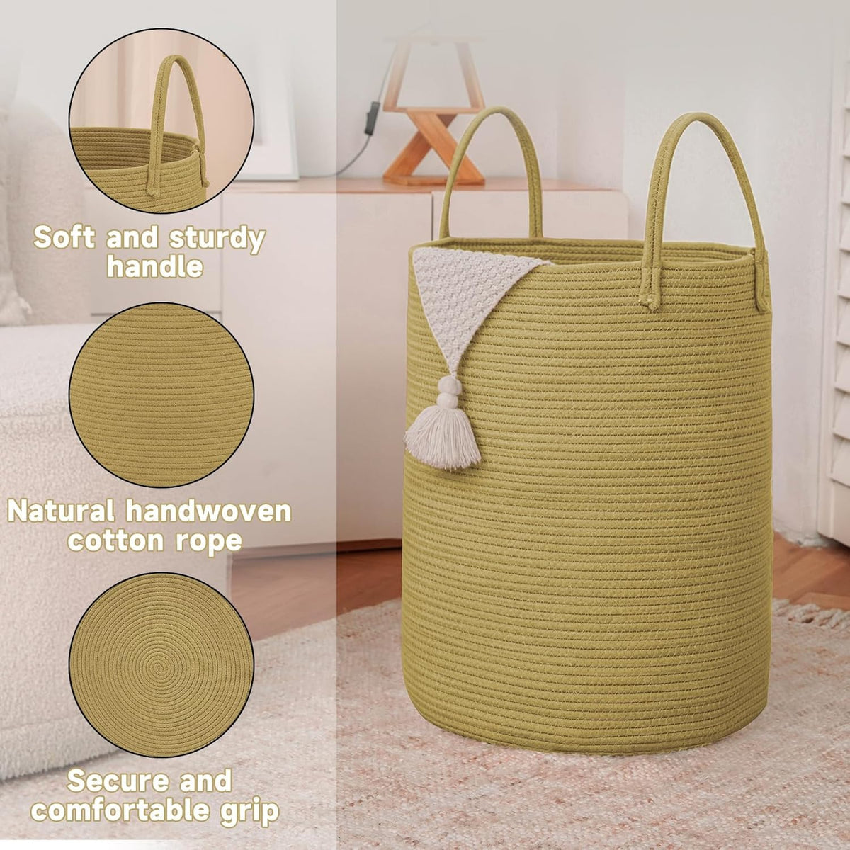 Large Woven Laundry Basket Hamper,60L Cotton Rope Storage Bin for Blankets,Toys and