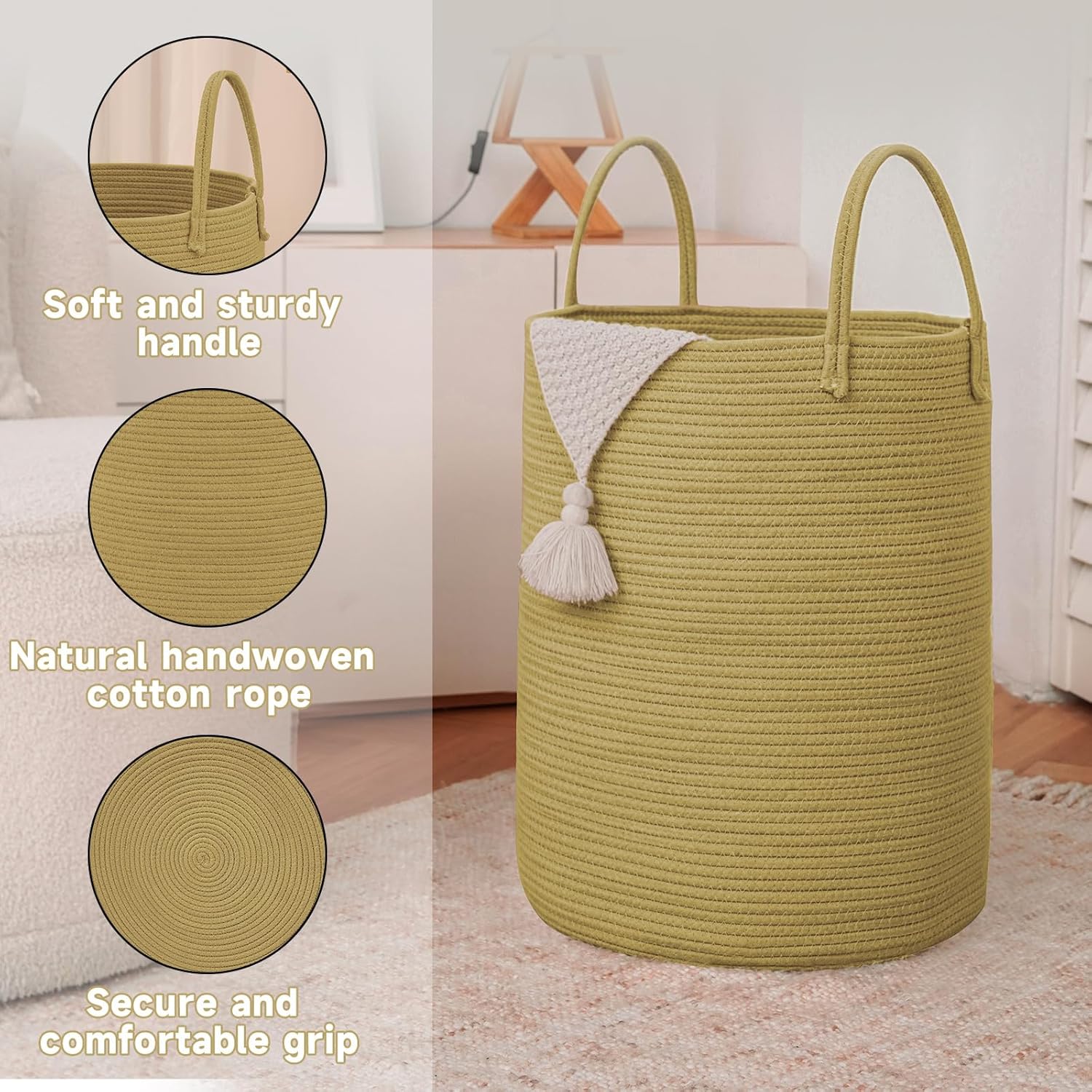 Large Woven Laundry Basket Hamper,100L Cotton Rope Storage Bin for Blankets,Toys and