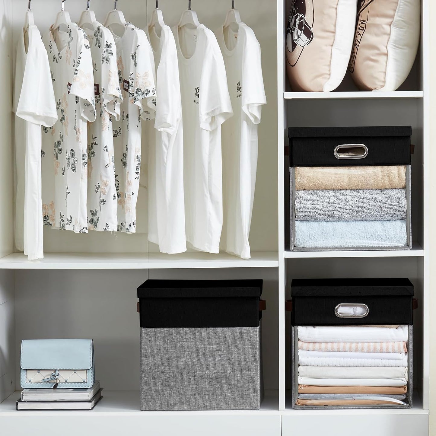 Fabric Storage Cubes with Clear Windows and Lids 11'' Foldable Storage Bins with 3 Handles