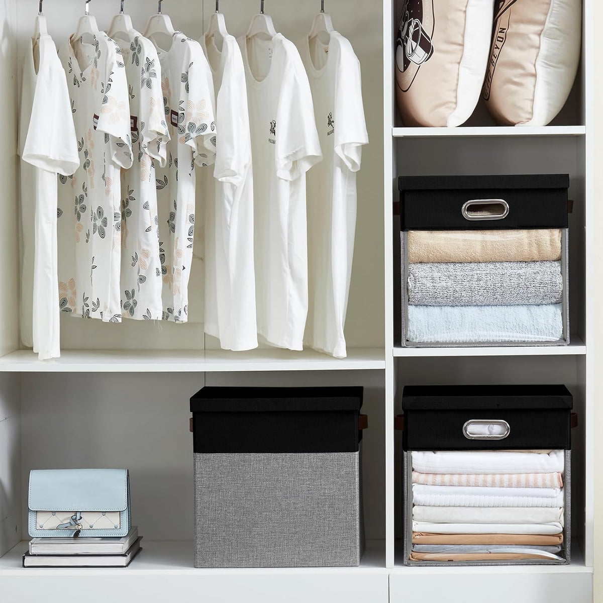 Fabric Storage Cubes with Clear Windows and Lids 11'' Foldable Storage Bins with 3 Handles