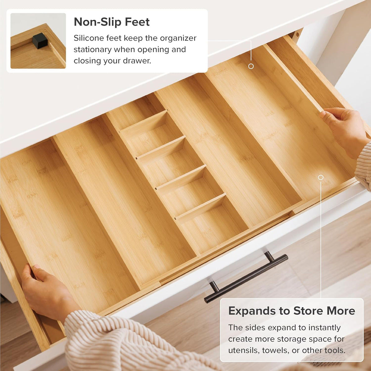 KitchenEdge Adjustable Kitchen Drawer Organizer for Utensils and Junk, Food-Safe Contract Grade