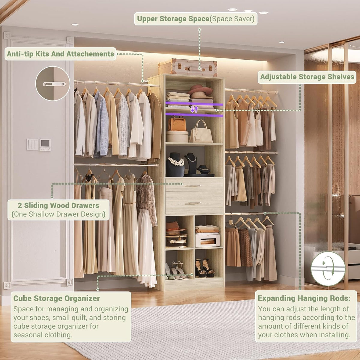 Closet System, 4-8 FT Closet Organizer Tower with 2 Wooden Drawers and Shelves, Can Fit 60 to 96