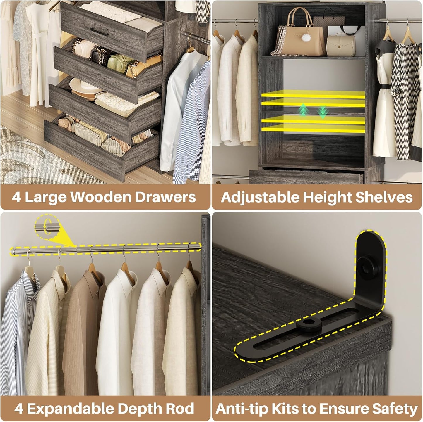 Aheaplus Closet System, 4-9 Ft Closet Organizer with 4 Wooden Drawers, Wood Closet Organizer System