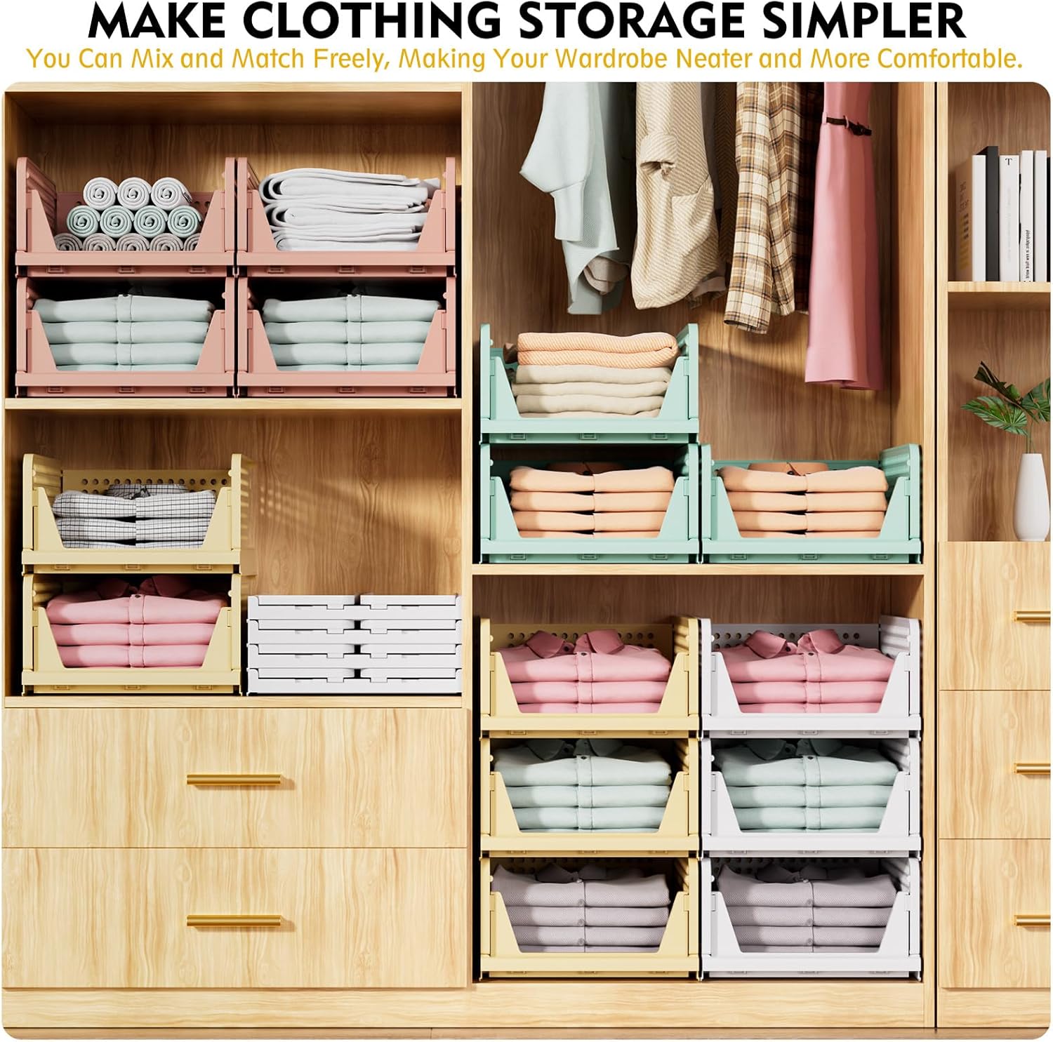 SNSLXH 5 Pack Stackable Closet Organizer Box, Multifunctional & Foldable Closet Storage Basket for