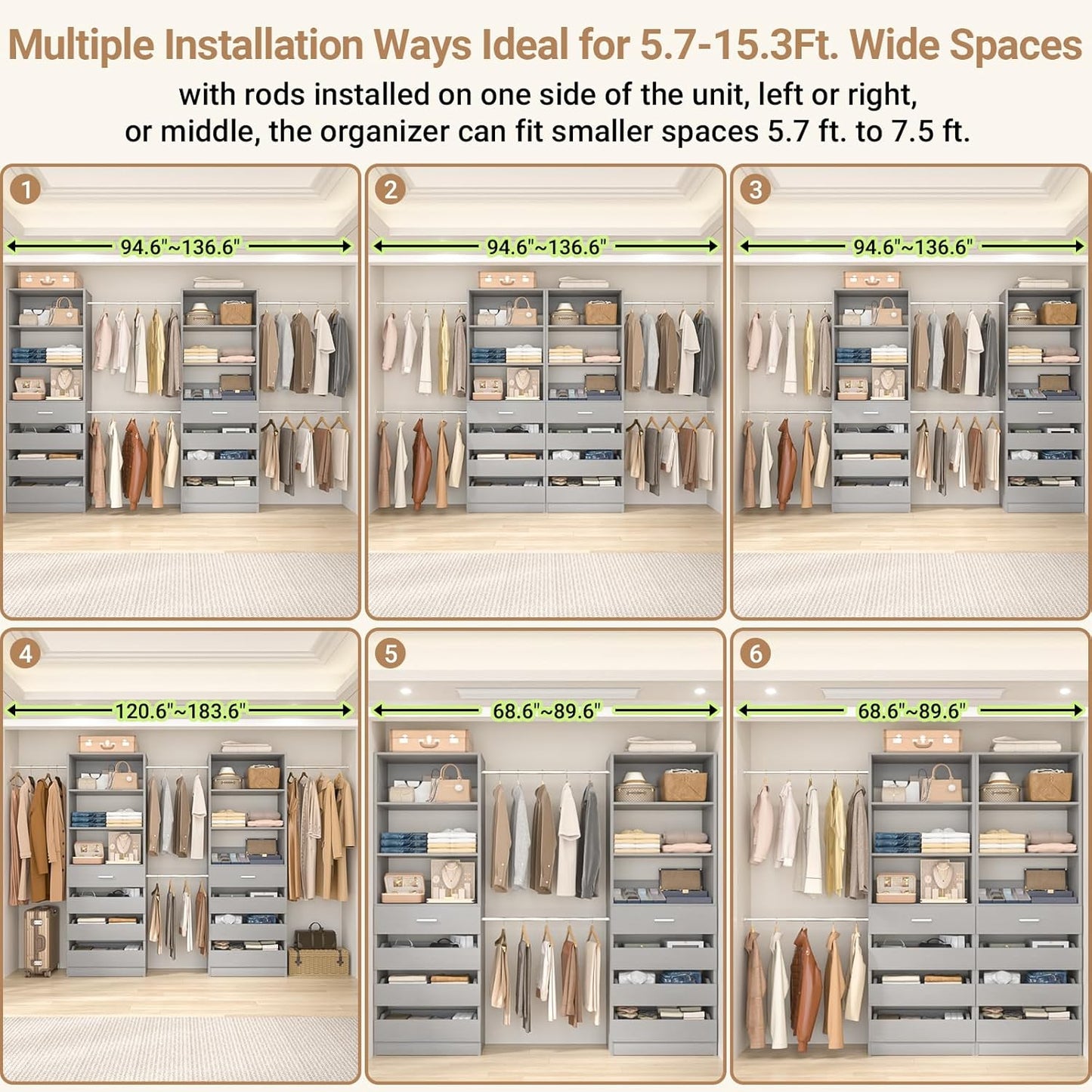 Aheaplus Closet System, 6-15Ft Closet Organizer with 8 Wooden Drawers, Wood Closet Organizer System