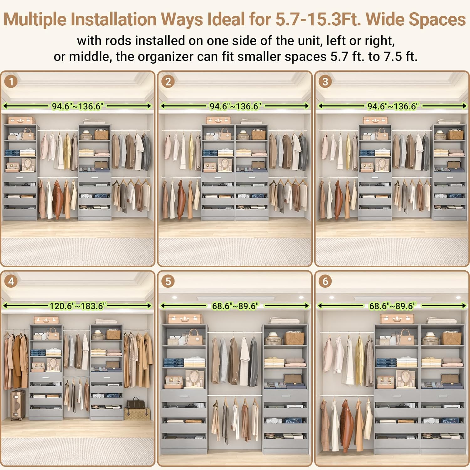 Aheaplus Closet System, 6-15Ft Closet Organizer with 8 Wooden Drawers, Wood Closet Organizer System
