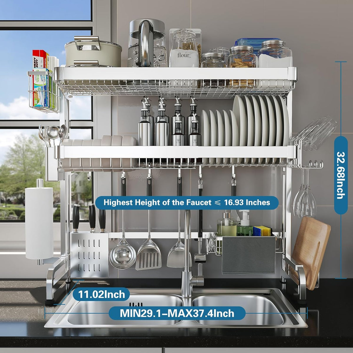 Over The Sink Dish Drying Rack,3 Tier Adjustable Length Full Stainless Steel Large Storage Kitchen