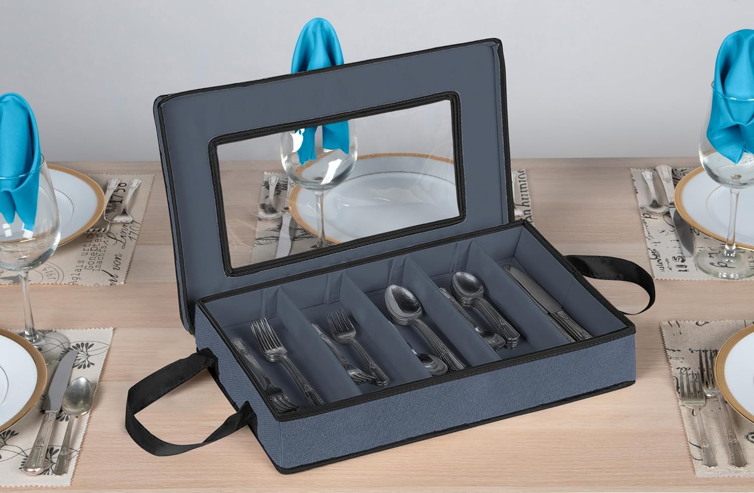 Flatware Storage Case - Durable 5 Compartment Silverware Storage Container Box with Removable Lid