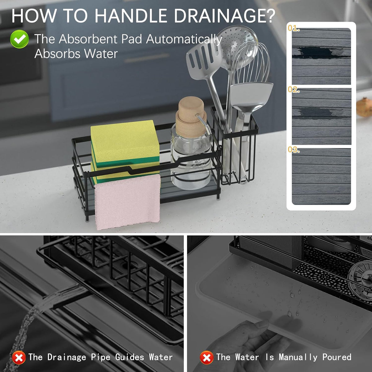 Sponge Holder for Kitchen Sink,Sink Caddy Organizer With Stone Drying Tray, Stainless Steel Kitchen