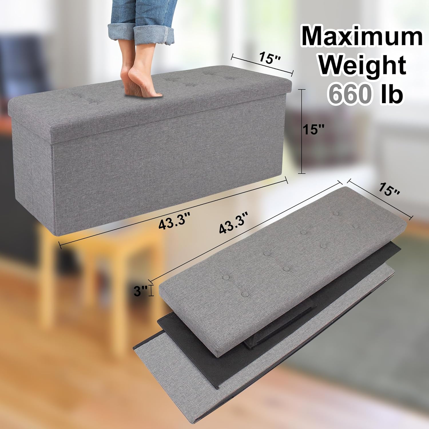GLAXYFUR 43 Inches Folding Storage Ottoman Bench, Storage Chest, Footrest for Entryway, Living