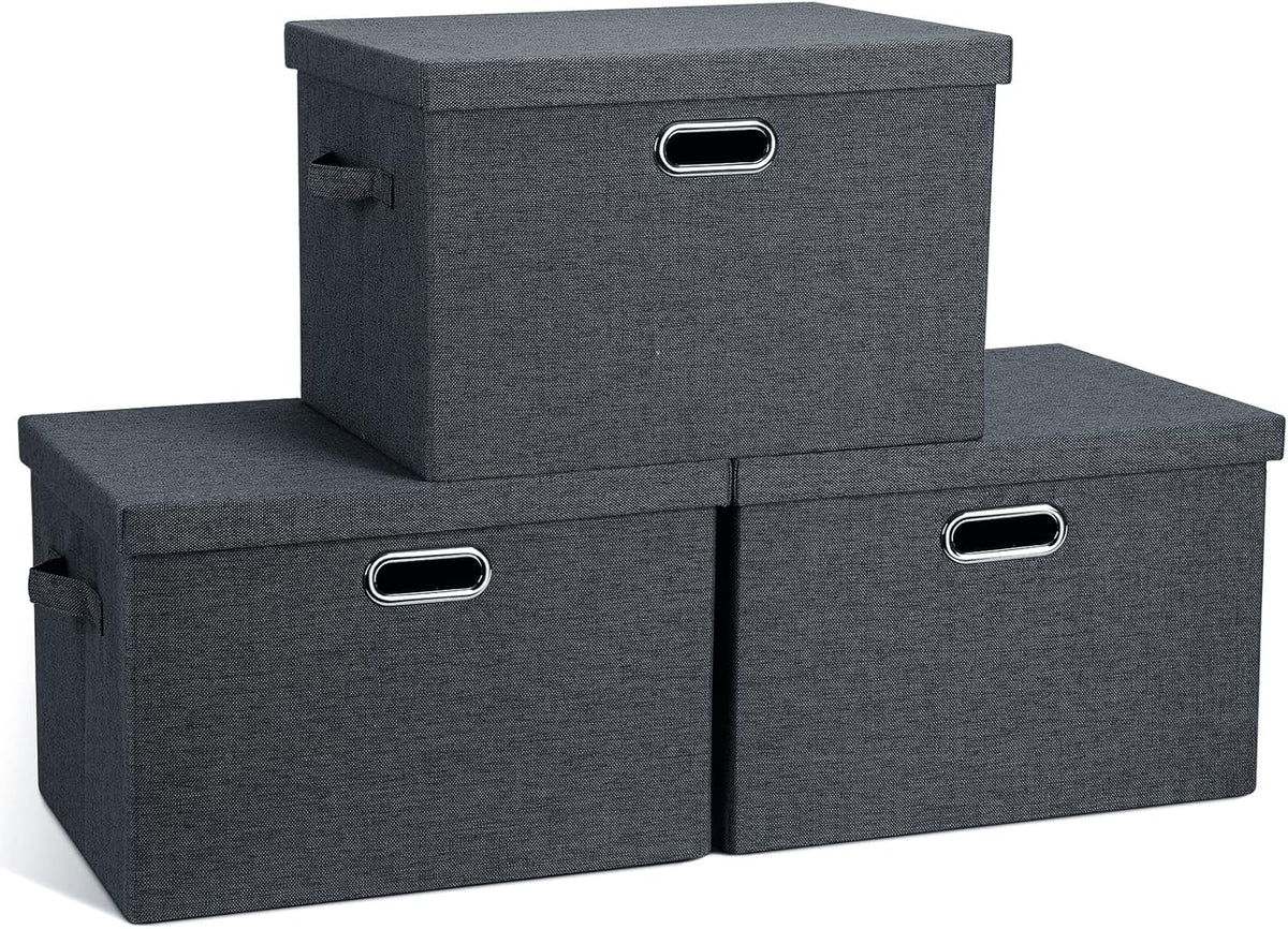 Large 17" 36 Quart Collapsible Stackable Storage Bins with Lids, 3 Packs Dark Gray Foldable Fabric