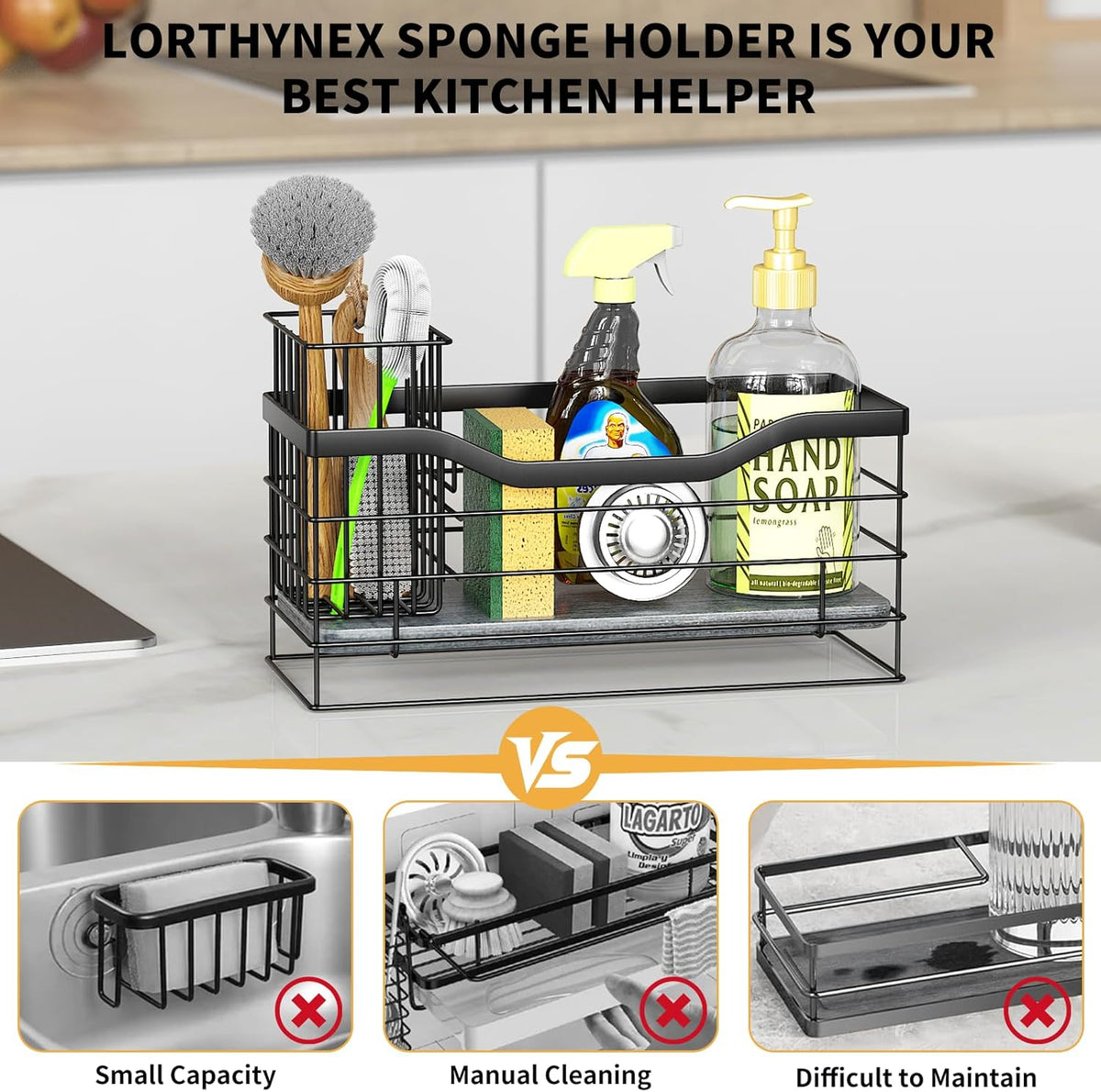 Sponge Holder for Kitchen Sink, Stainless Steel Sink Caddy and Drying Rack with Absorbent Stone