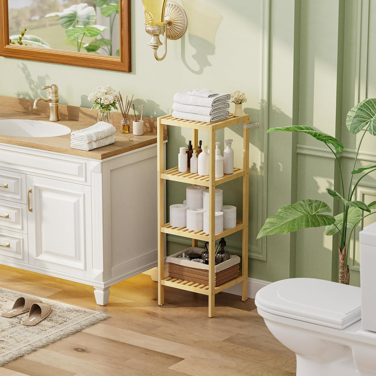 SMIBUY Bathroom Storage Shelf, 4-Tier Bamboo Rack Organizer, Multifunctional Shelving Unit for