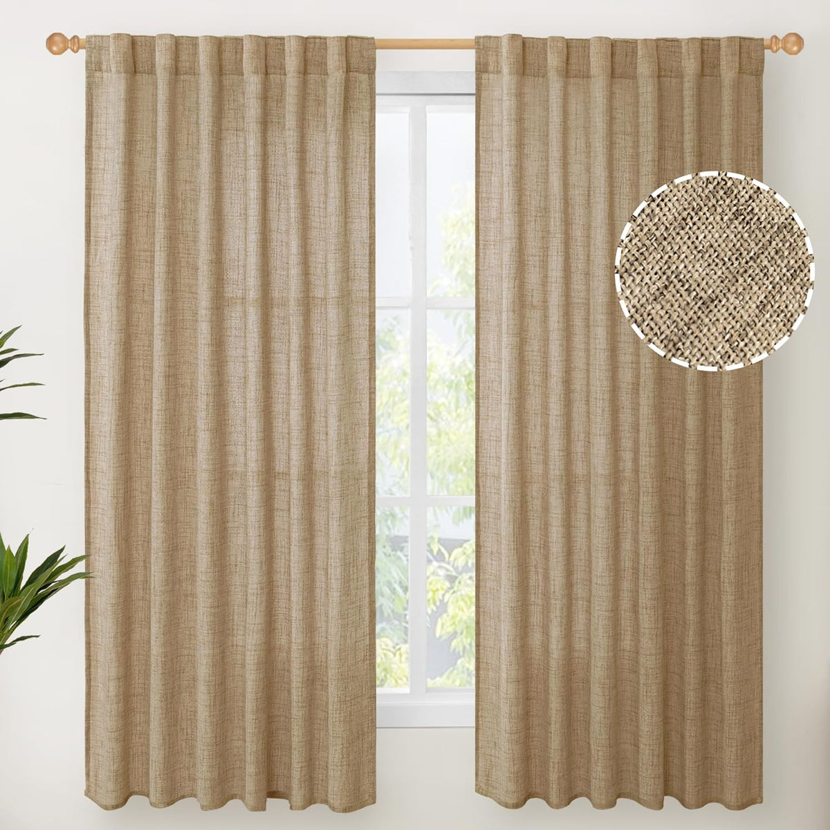 YoungsTex Burlap Linen Curtains 63 Inch Length for Living Room Window, Textured Semi Sheer Drapes
