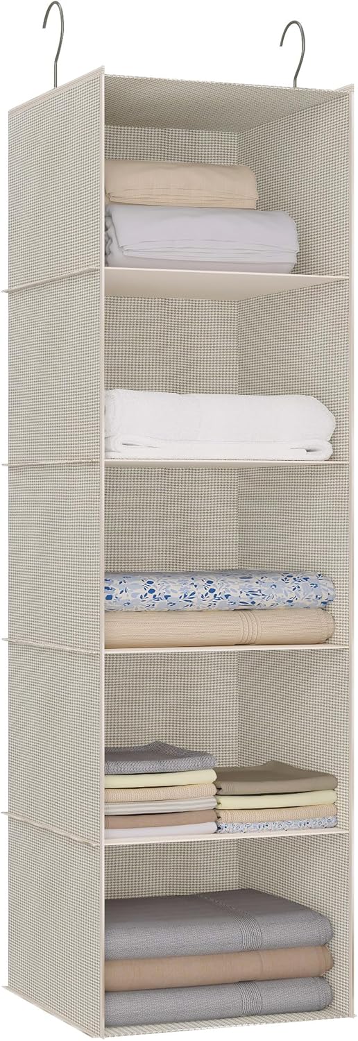 Hanging Closet Organizer, Easy Mount Foldable 5-Shelf Hanging Closet Wardrobe Storage Shelves