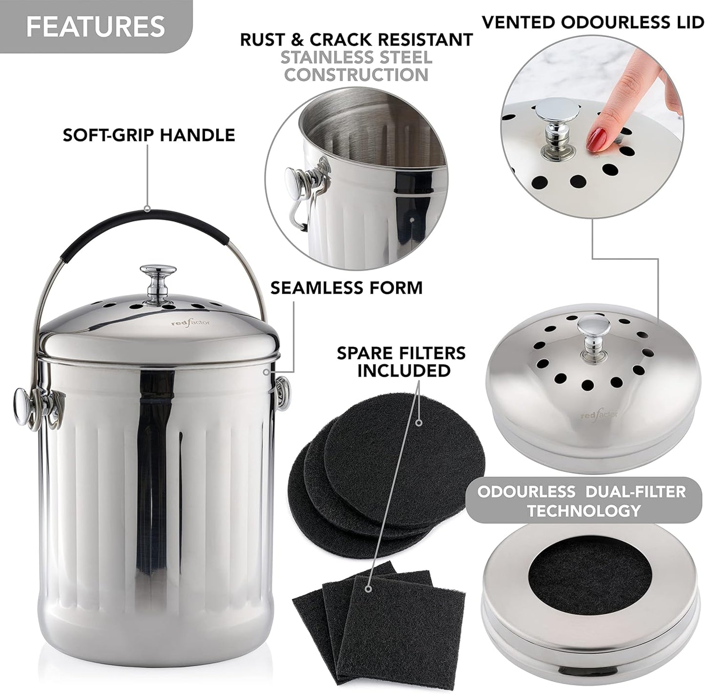RED FACTOR Premium Compost Bin for Kitchen Countertop - Stainless Steel Food Waste Bucket with