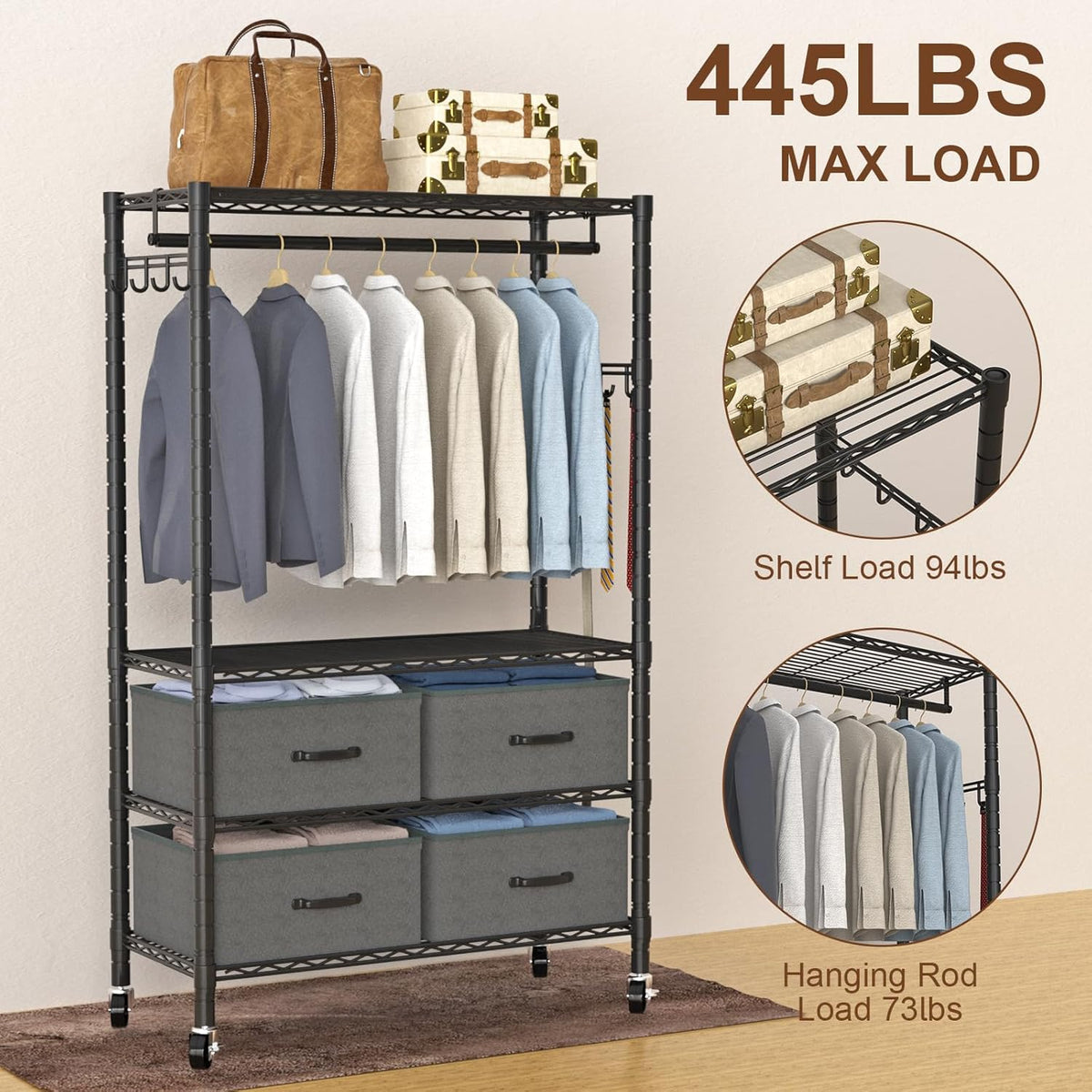 Clothes Rack, Heavy Duty Clothing Rack for Hanging Clothes, 4-Tier Adjustable Closet Organizer with