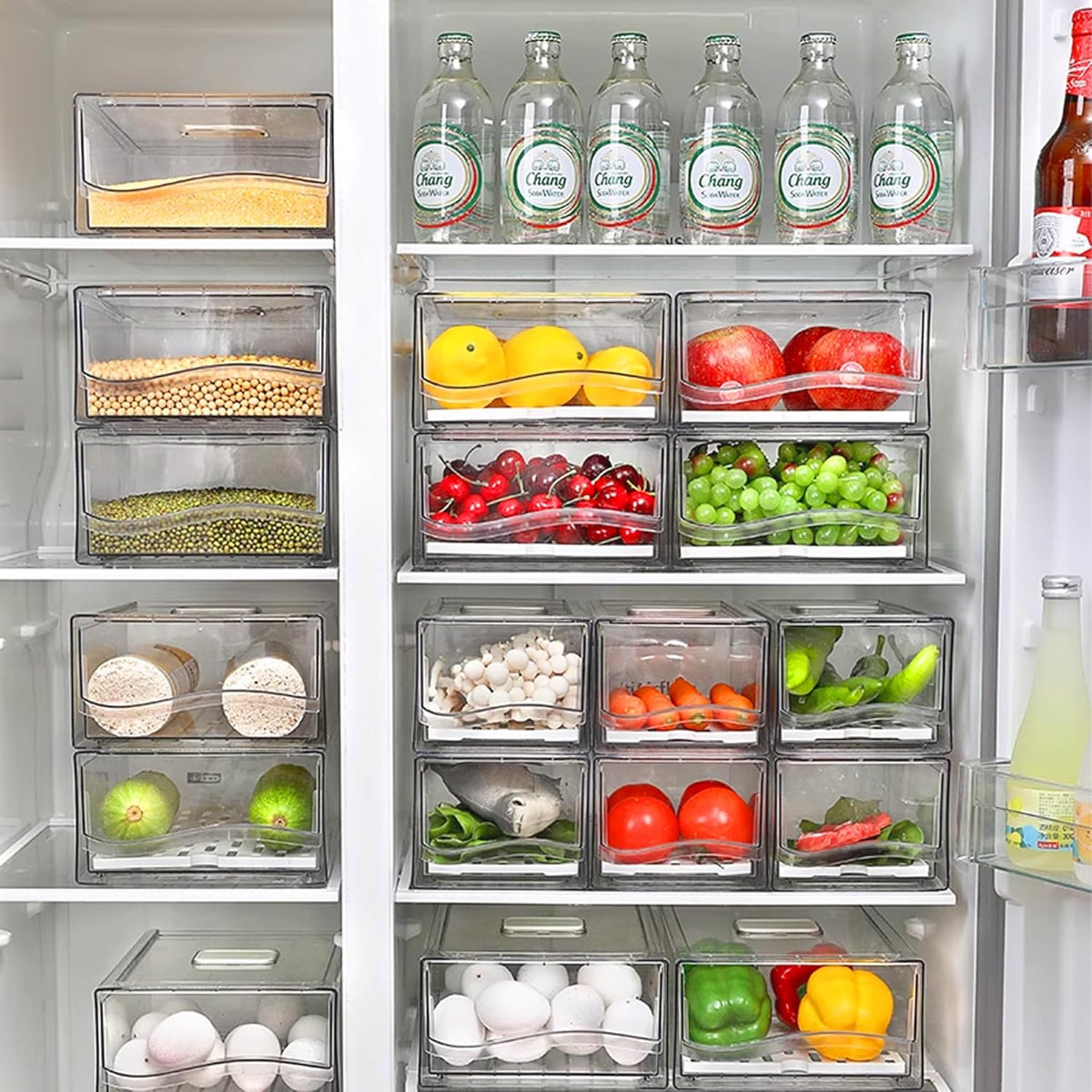 2 Pack Fruit Storage Containers for Fridge with Drain Board, Stackable Refrigerator Organizers and