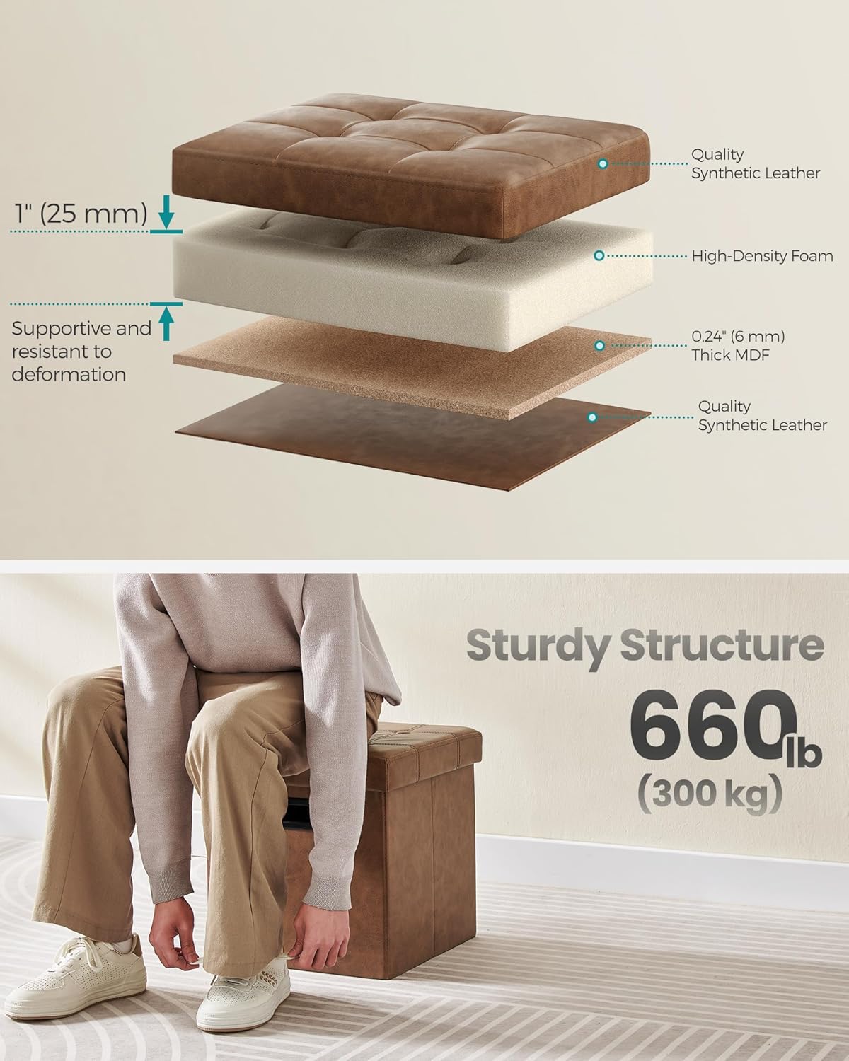SONGMICS Mazie Collection - 15 Inches Ottoman with Storage, Footstool, Storage Ottoman with Metal