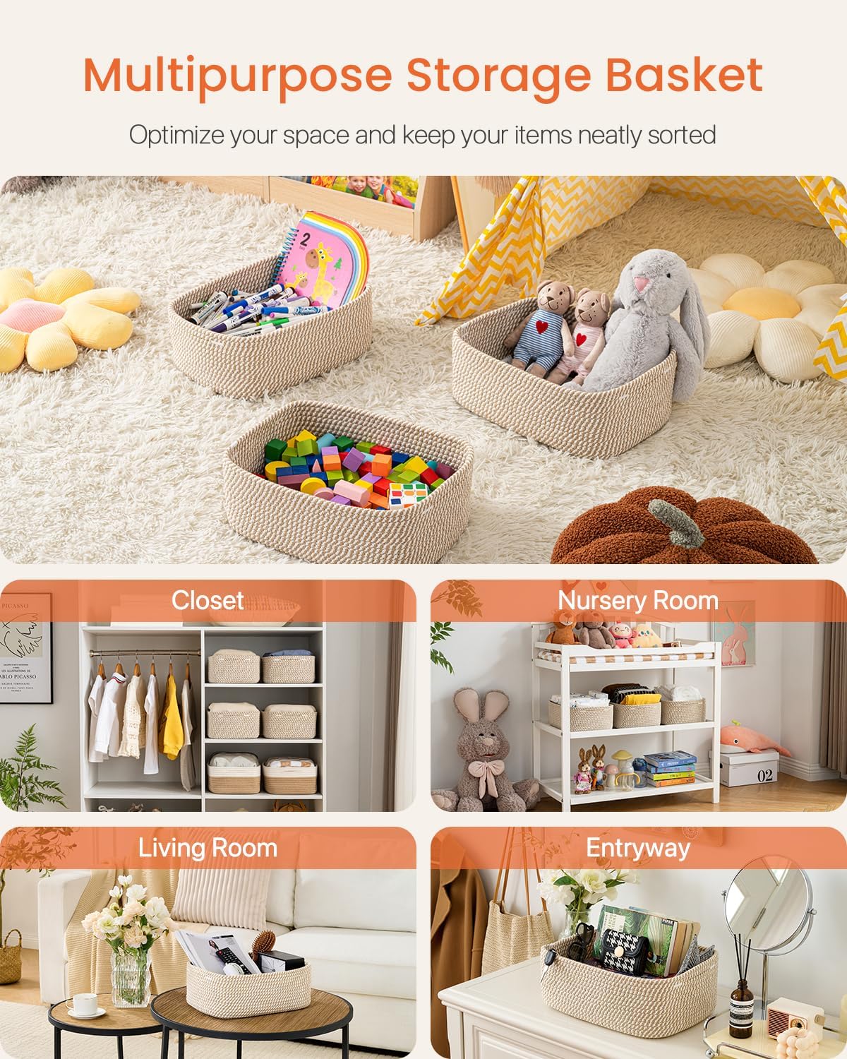Small Woven Basket, 13.5 x 9.5 x 5 Inches, Storage Basket for Organizing, Cute Small Rope Shelf