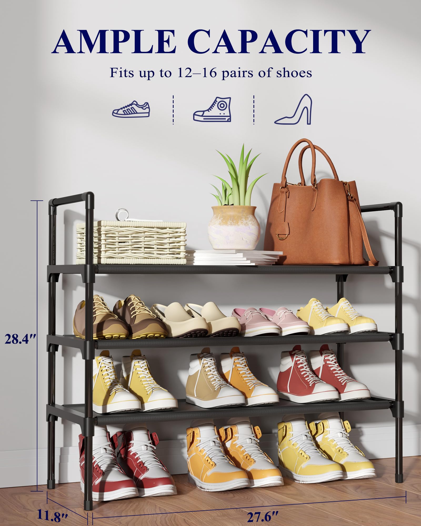 Kitsure Shoe Rack for Closet, Shoe Organizer, 27.6" Wide - 3 Tier, Black