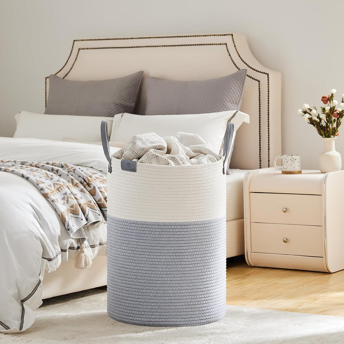 VIPOSCO Tall Laundry Basket, Large Dirty Clothes Hamper with Leather Handle, Woven Rope Storage