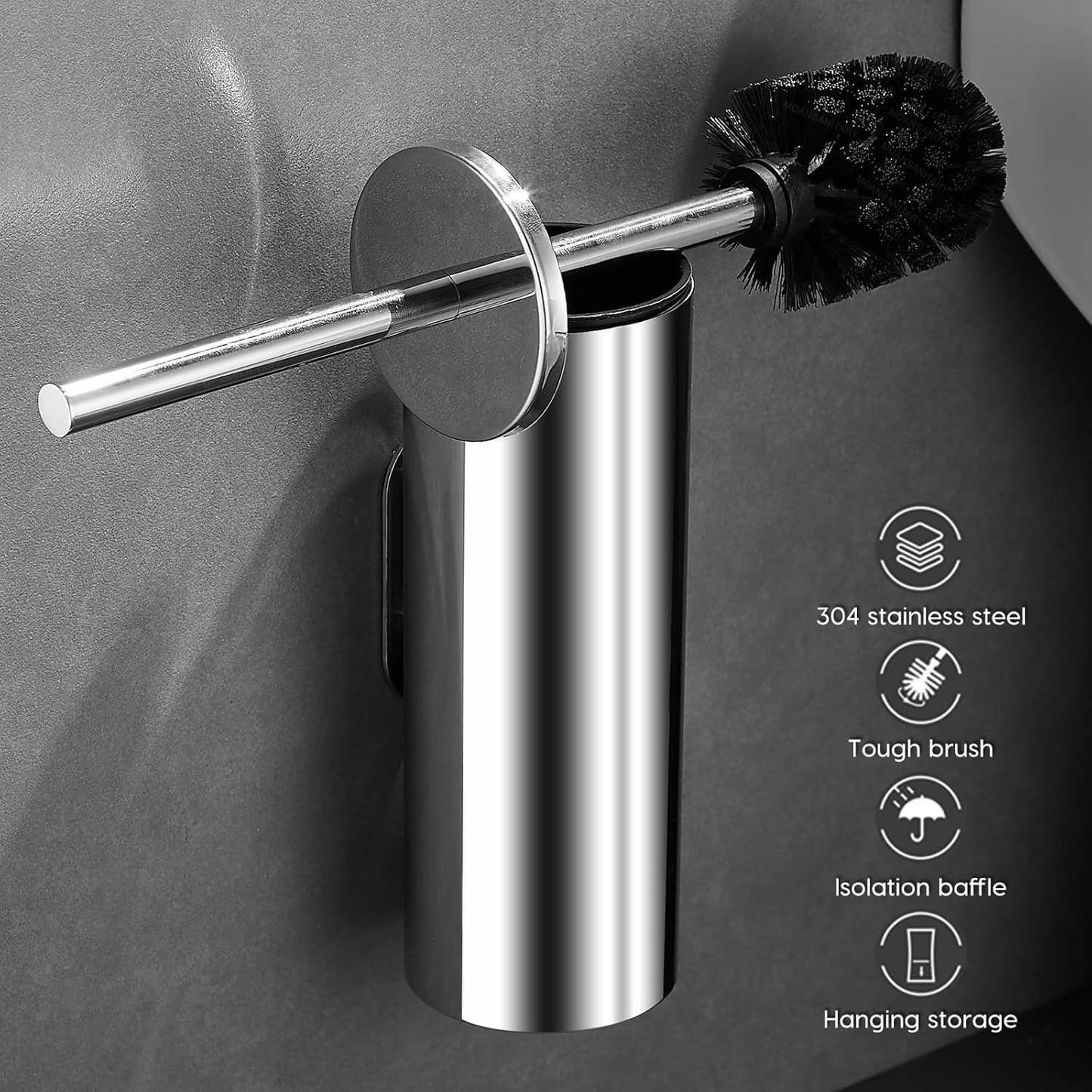 Toilet Brush and Brush Holder, Stainless Steel No-Punch Hook Base Dual Purpose Toilet Brush Holder