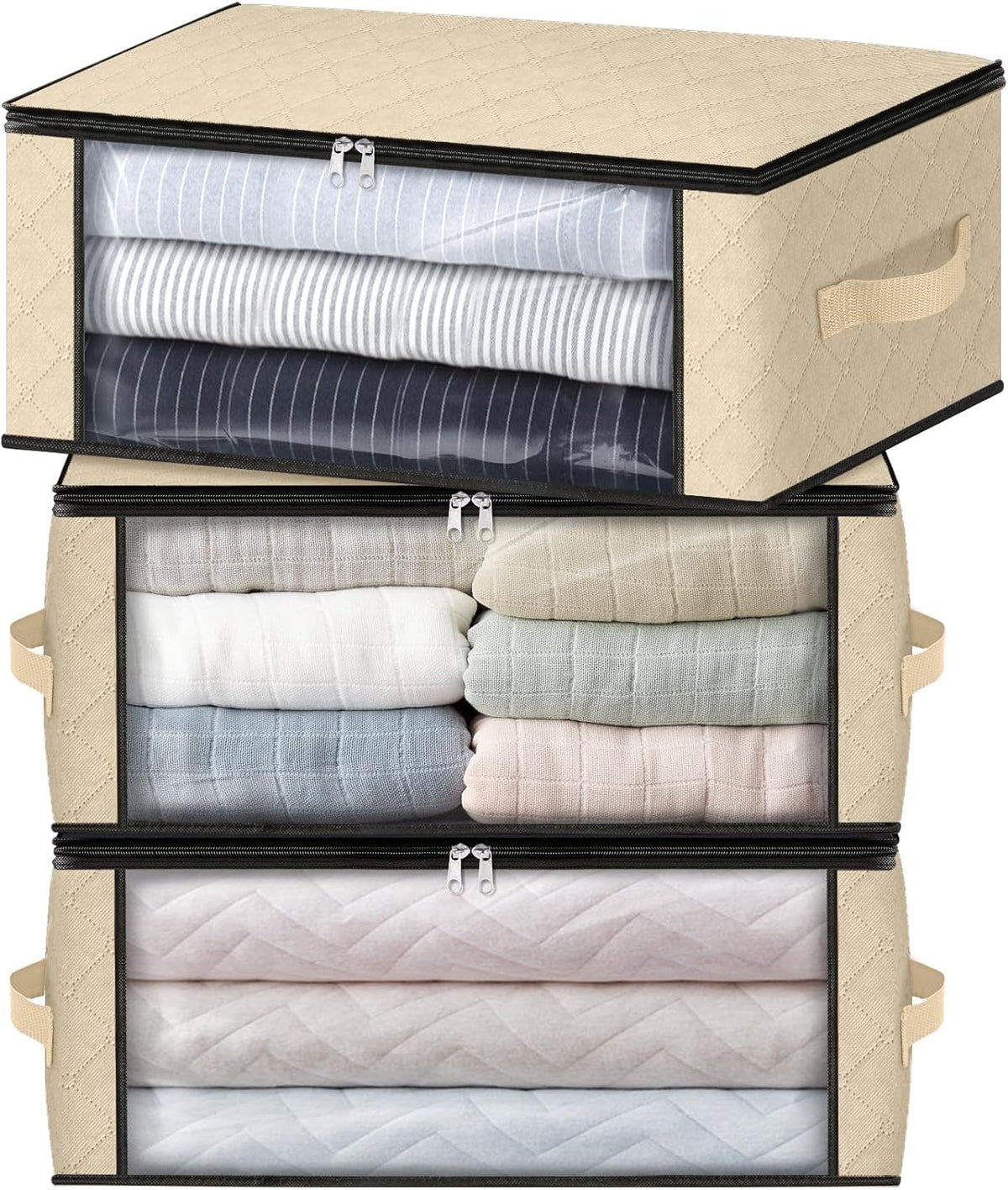 HomeHacks Storage 3-Pack Clothes Organizer Storage Bags Foldable Storage Box with Large Clear