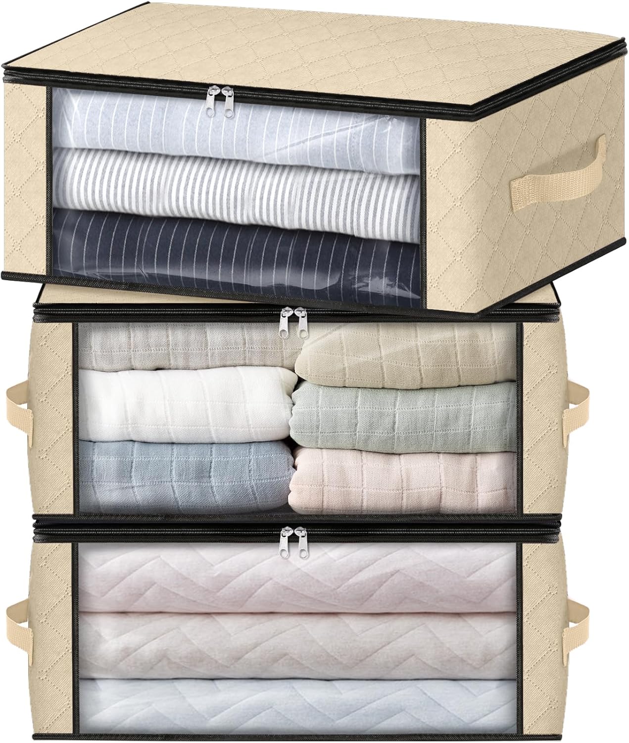 HomeHacks Storage 3-Pack Clothes Organizer Storage Bags Foldable Storage Box with Large Clear
