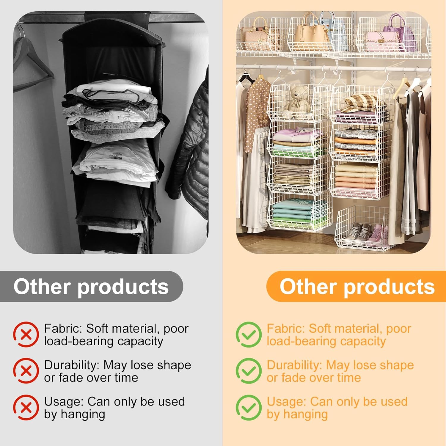 X-cosrack 4 Tier Closet Hanging Organizer, Foldable Closet Shelving with 2 Hanging Hooks 5 S Hooks