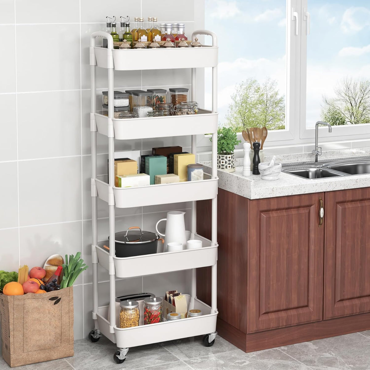 Sywhitta 5-Tier Plastic Rolling Utility Cart with Handle, Multi-Functional Storage Trolley for