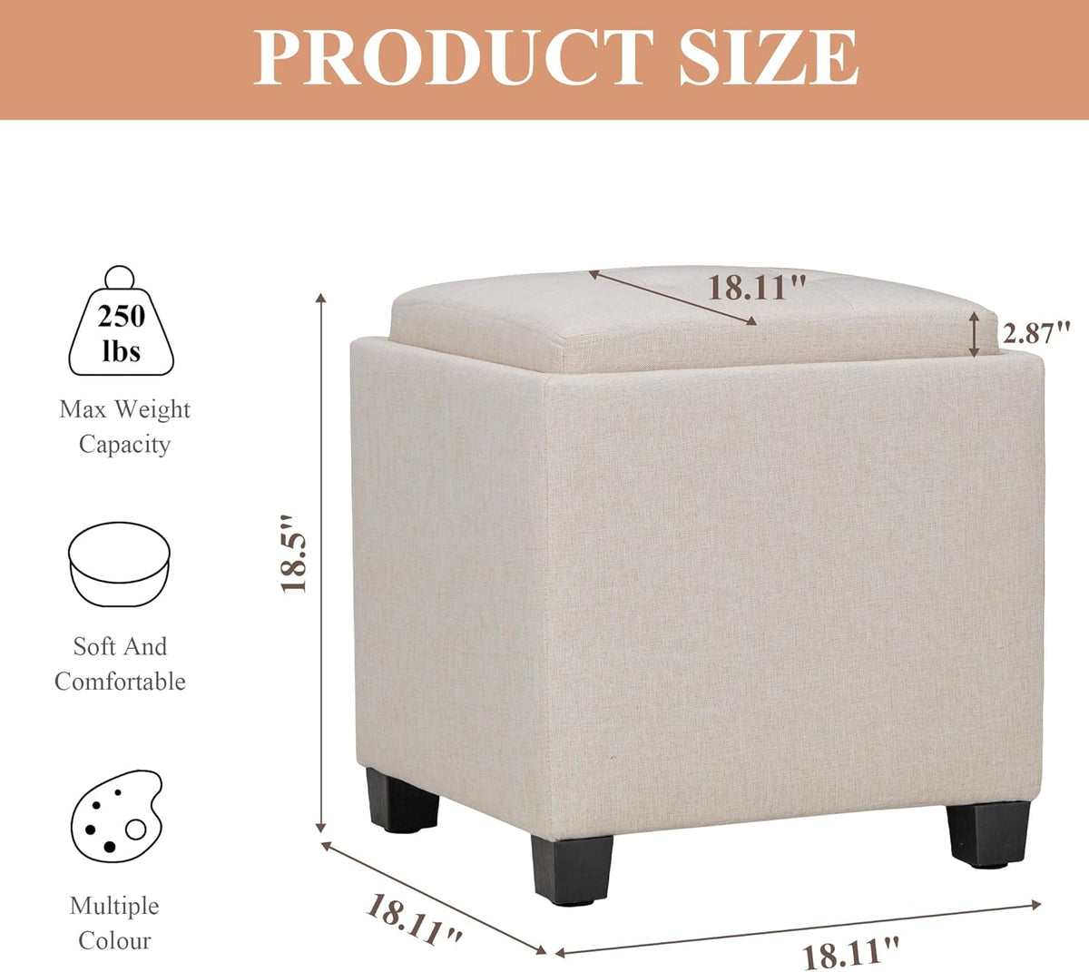 COLAMY Fabric Square Storage Ottoman with Reversible Tray Lid – Multi-Functional Footrest, Hidden