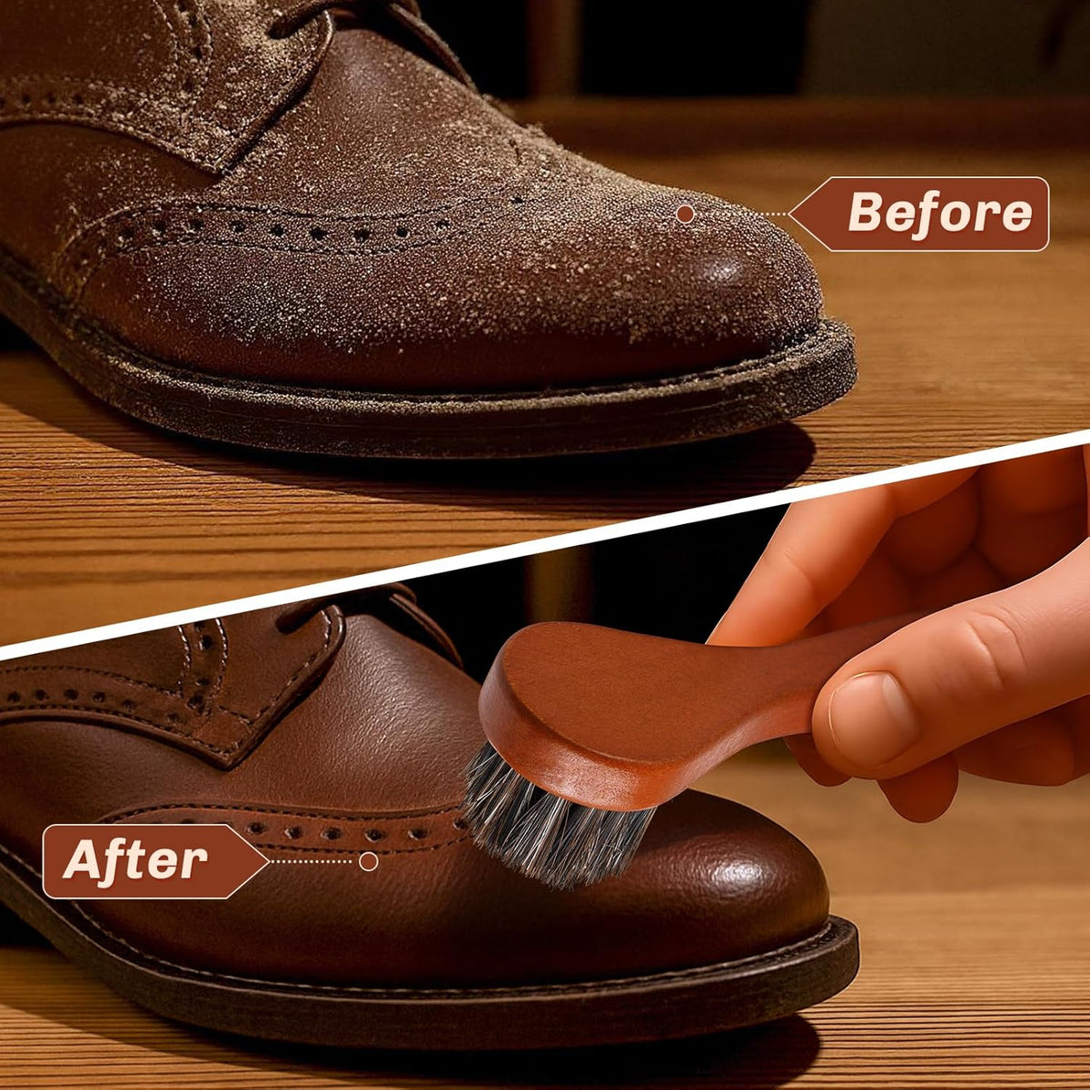 2 Pcs Horsehair Shine Shoes Brush Kit Polish Dauber Applicators Cleaning Leather Shoes Boots Care