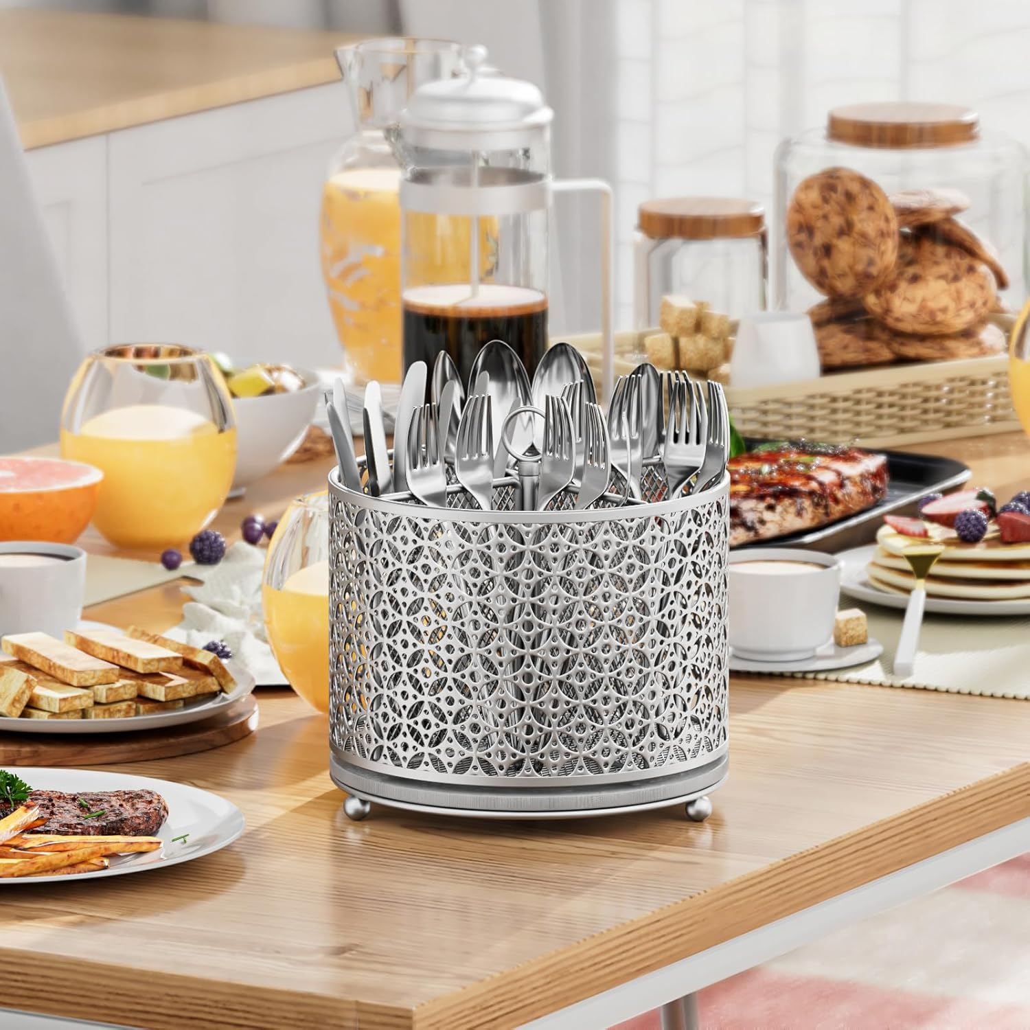 Rotating Utensil Holder for Kitchen - Silverware Caddy Fast-Drying Flatware Organizer 4 Compartment