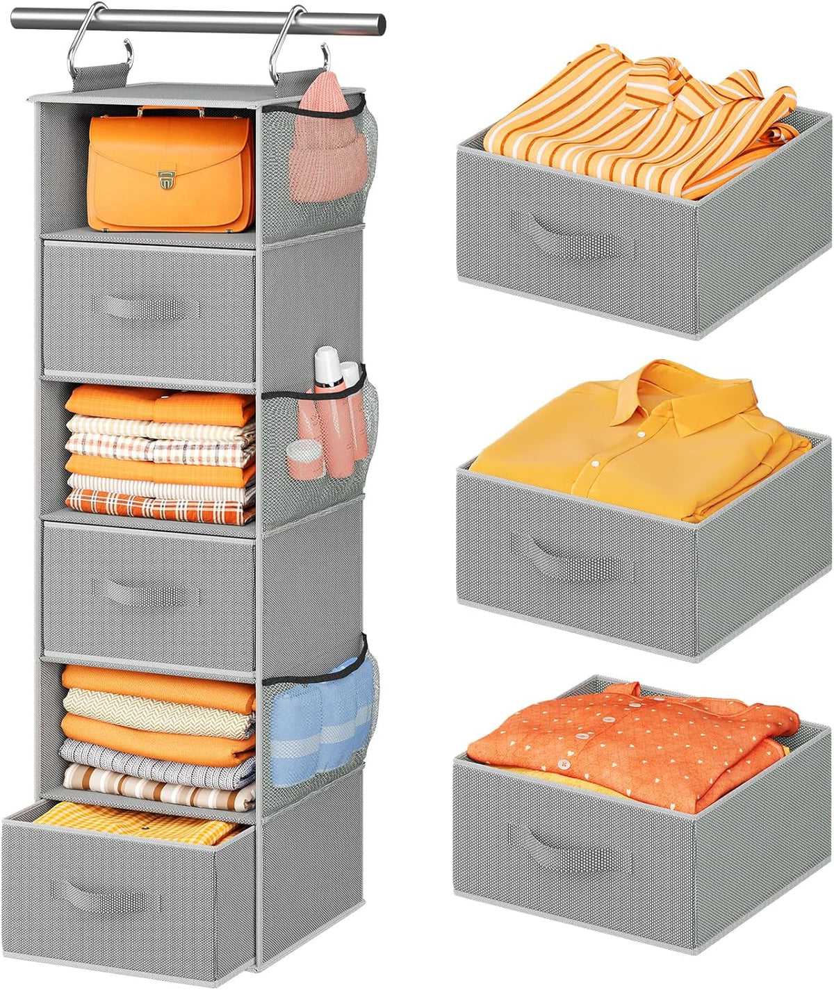 Pipishell Hanging Closet Organizer 6-Shelf, Hanging Shelves for Closet with 3 Removable Drawers &