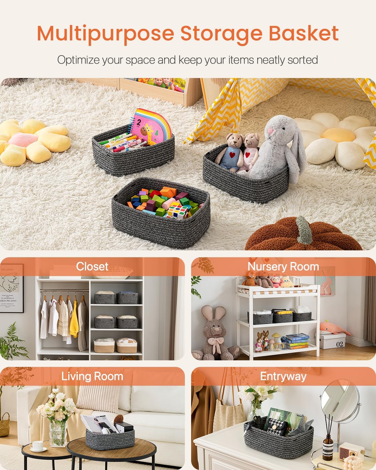 Small Woven Basket, 12 x 8 x 4.5 Inches, Storage Basket for Organizing, Cute Small Rope Shelf