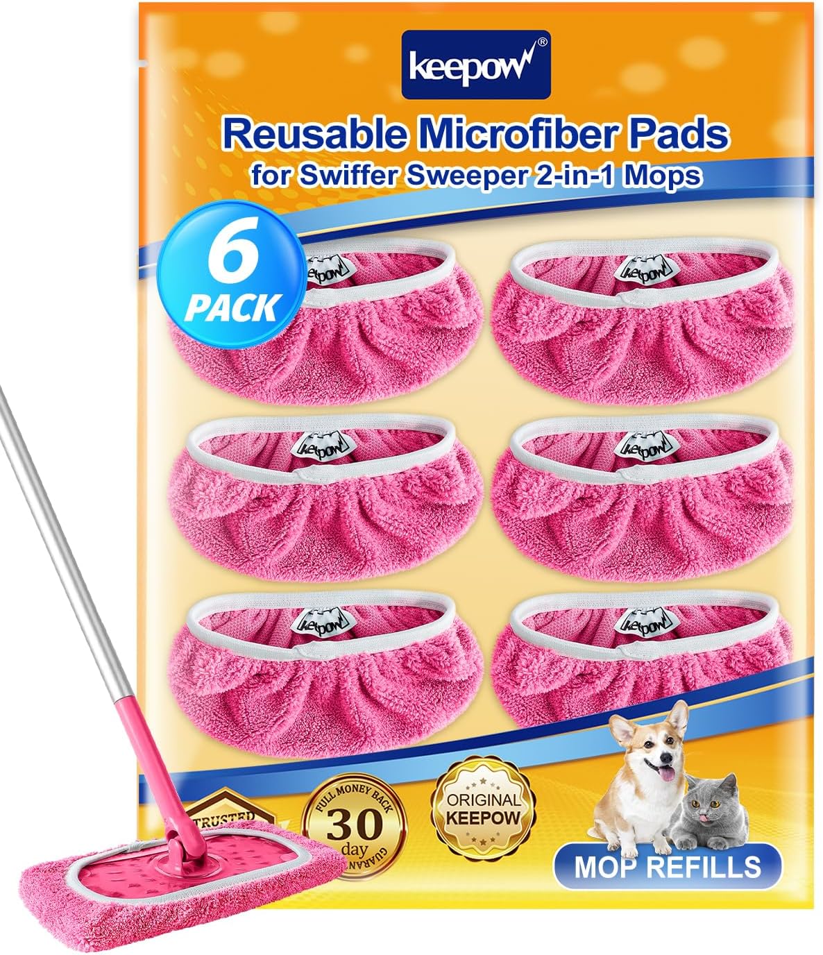 KEEPOW 6 Pack Reusable Mop Pads Compatible with Swiffer Sweeper, Coral Fleece Pink Washable Swiffer