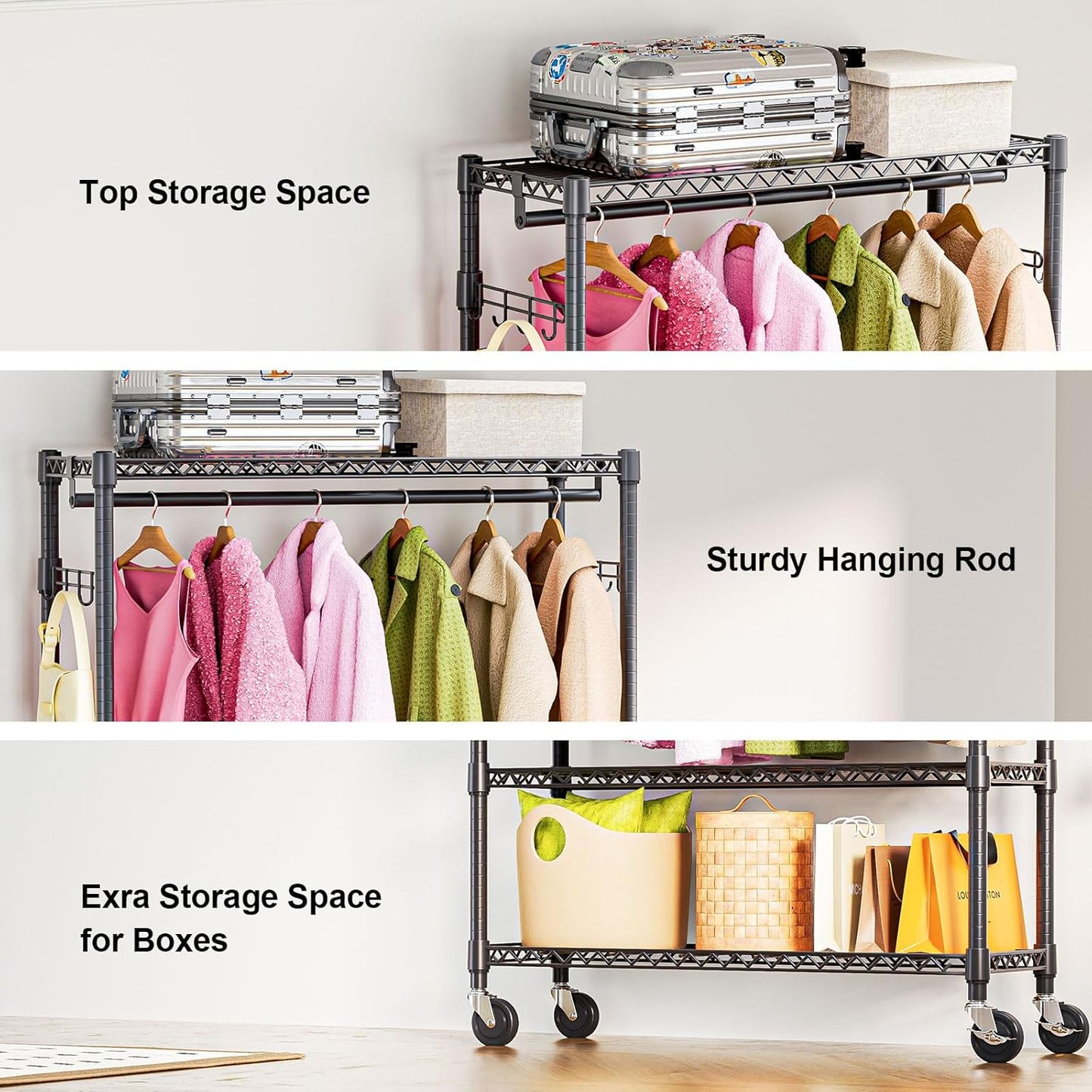 Heavy Duty Rolling Garment Rack 3 Tiers Adjustable Wire Shelving Clothes Rack with 1 Rods and Side