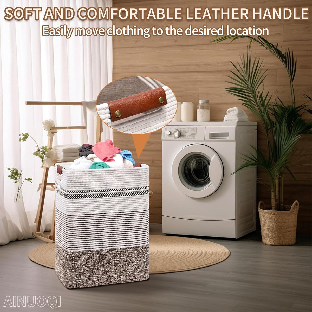 Laundry Hamper - Tall Woven Rope Laundry Basket - Clothes hamper with Leather Handles, 17.8" X