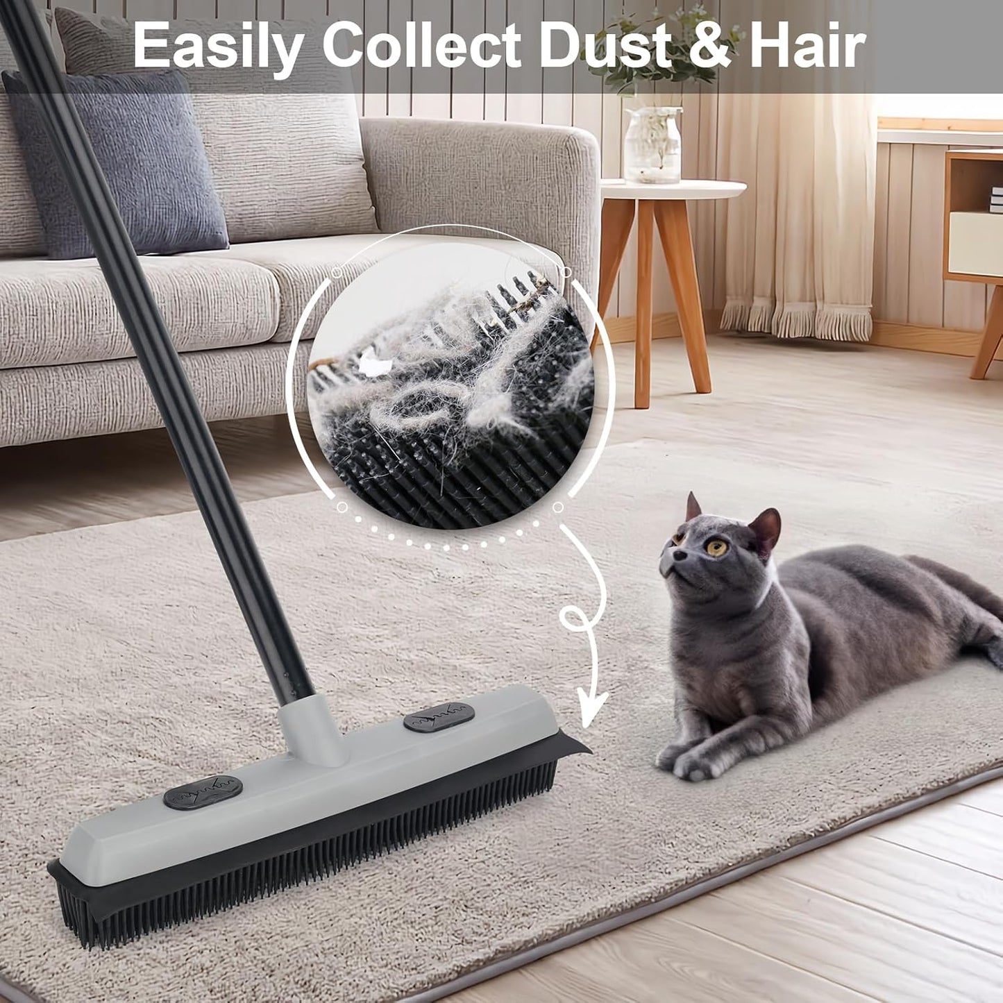 Pet Hair Removal Rubber Broom with Squeegee, Carpet Rake for Pet Hair with 59" Telescoping Long