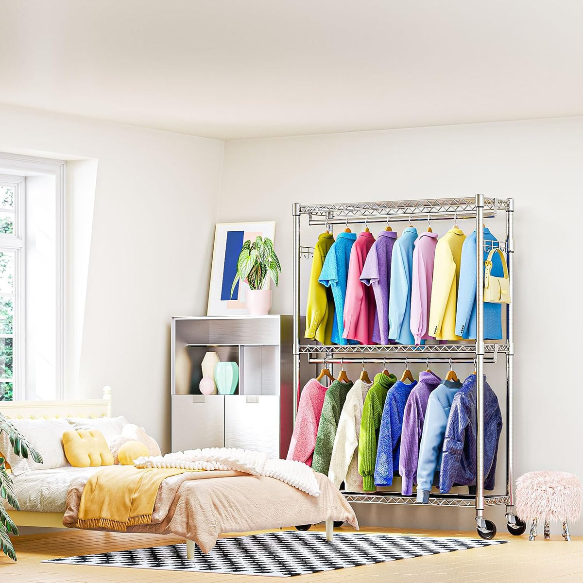 Heavy Duty Rolling Garment Rack 3 Tiers Adjustable Wire Shelving Clothes Rack with 2 Rods and Side