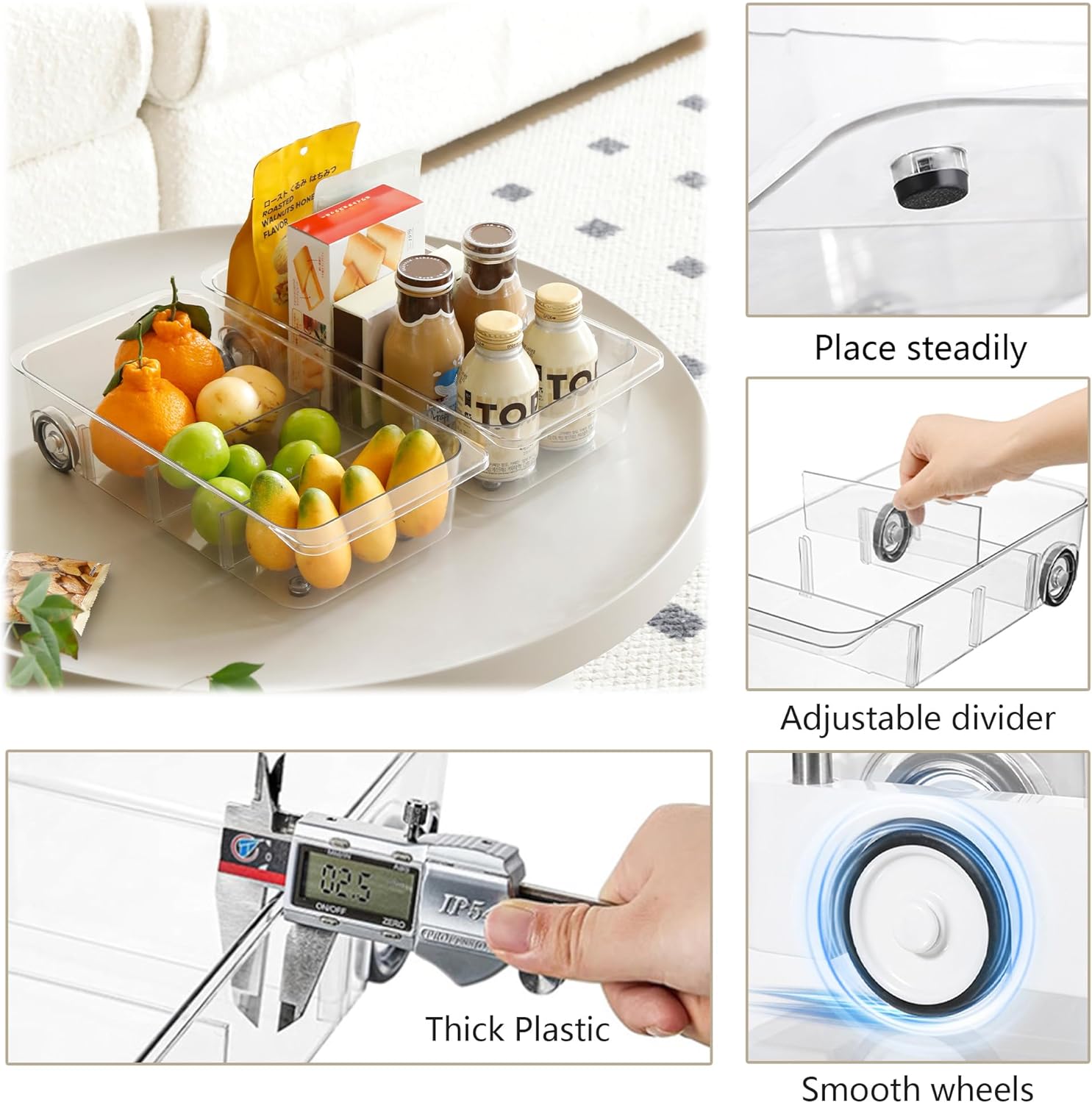 Fridge Organizer Bins With Wheels, 2 Pack Roll Out Refrigerator Organizers And Storage Refrigerator