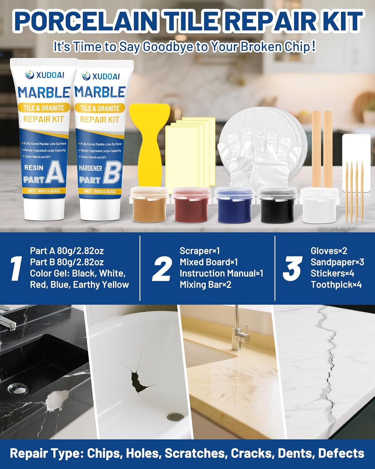 Marble and Granite Repair Kit (Color Match), 160g/5.64oz Quartz Countertop Repair Kit for Chips