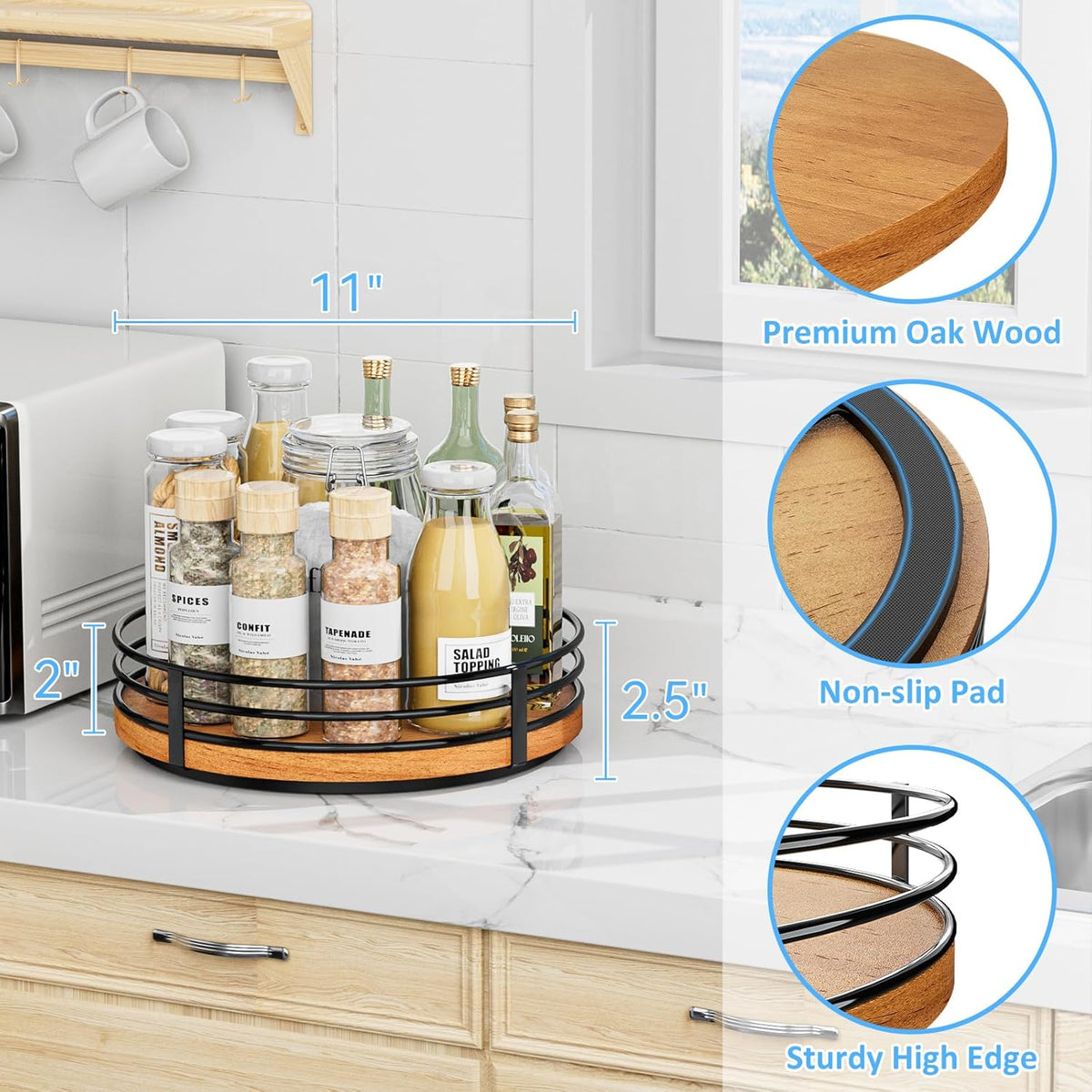 Wood Lazy Susan Turntable Organizer - 11" Round Wooden Lazy Susan for Cabinet Kitchen Countertop