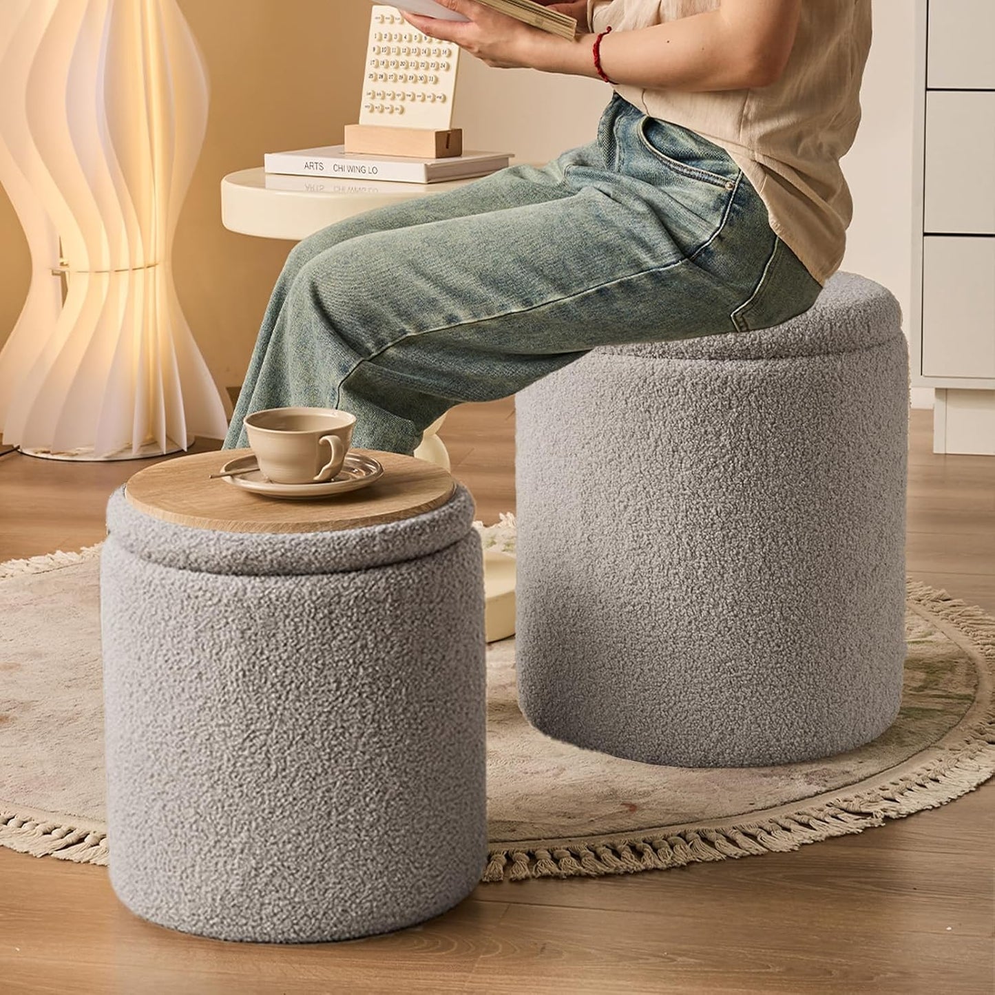 Round Ottoman with Storage Set of 2-Upholstered Sherpa Vanity Stool for Makeup Multifunctional