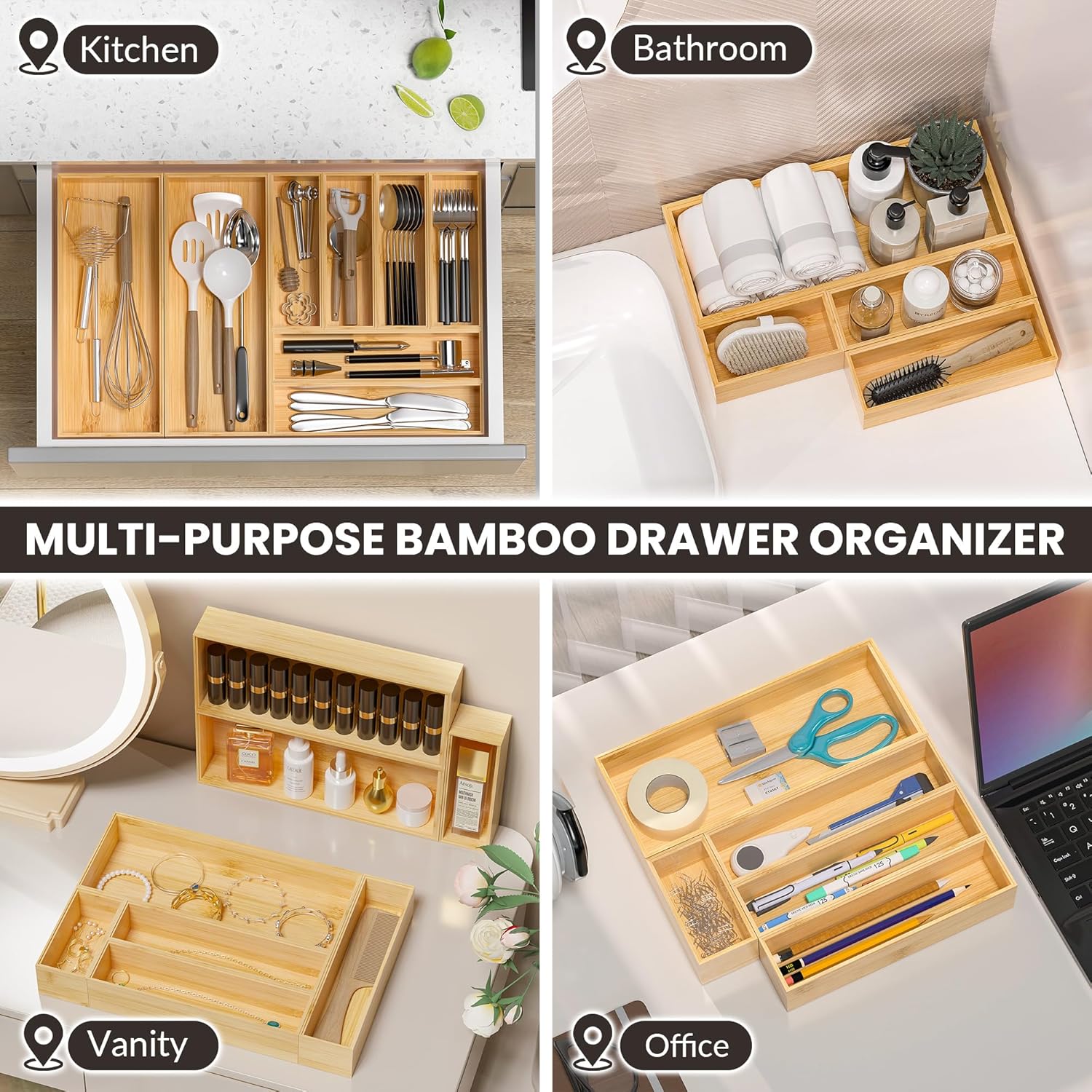 Kitchen Drawer Organizer Bins, Stackable Bamboo Drawer Organizer for Silverware, Flatware, Coffee
