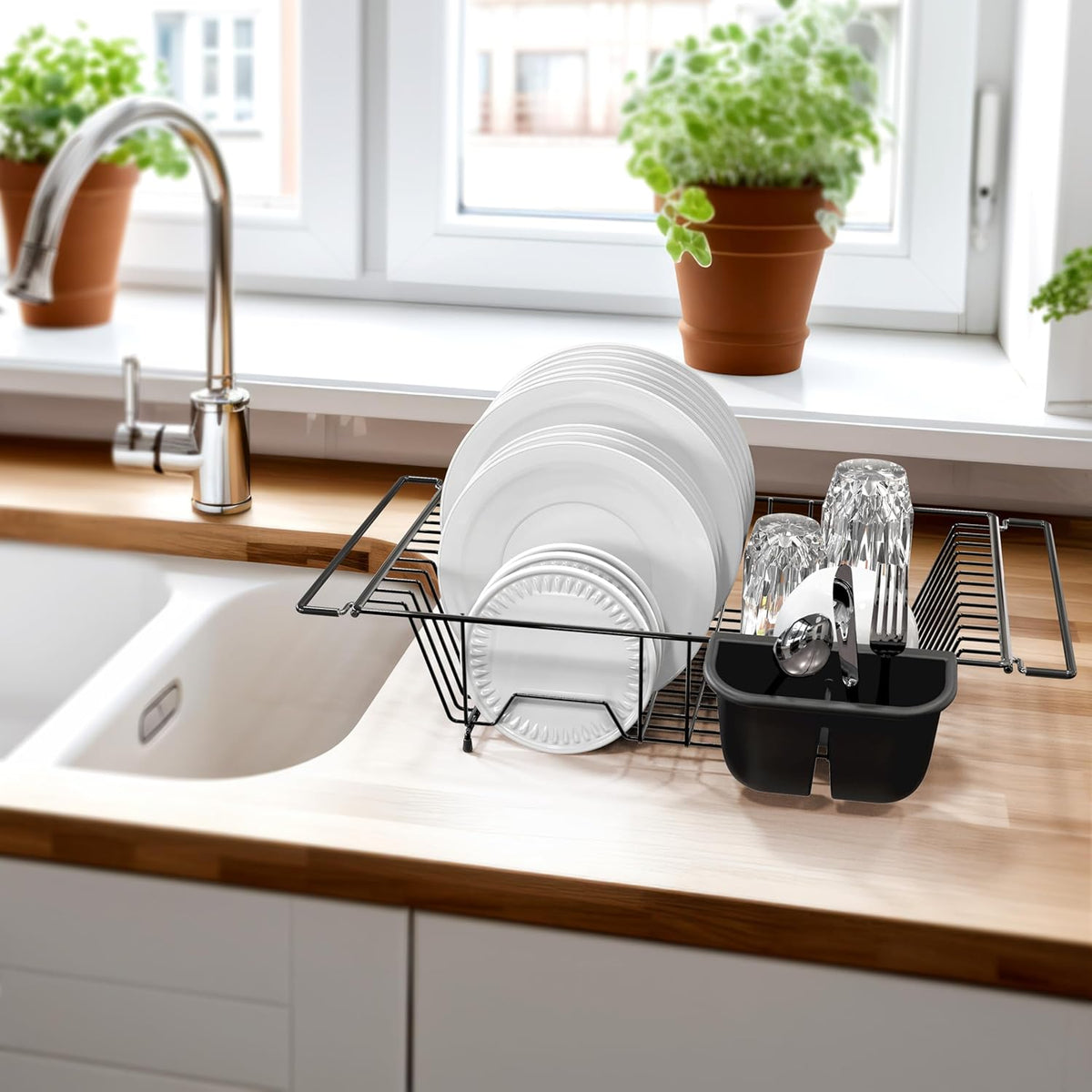 SIMPLE HOUSEWARE Large Over Sink Counter Top Stainless Steel Dish Drainer Drying Rack with Utensil