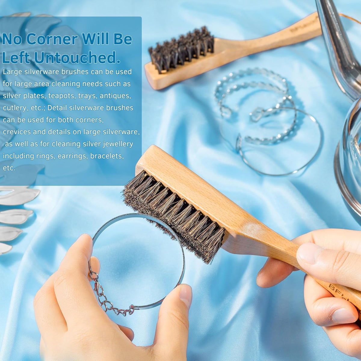 BFWood Horsehair Silver Brush - 2PCS Detailing Brush Set for Silverware - Jewelry Cleaning Brushes