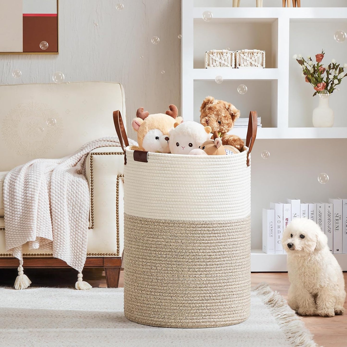 VIPOSCO Tall Laundry Basket, Large Dirty Clothes Hamper with Leather Handle, Woven Rope Storage